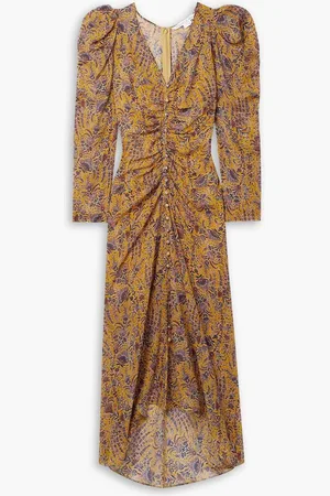 VERONICA BEARD Ferrara ruched printed silk-crepe maxi dress - Yellow