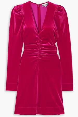 Ganni Ruched stretch-velvet mini dress - Pink