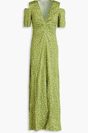 Ganni Cold-shoulder polka-dot crinkled-satin midi dress - Green