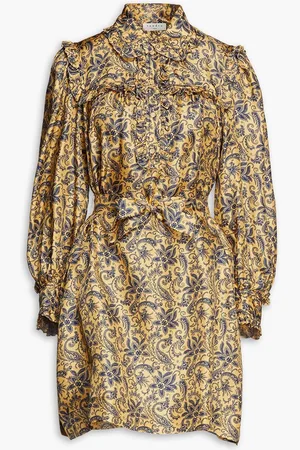 Sandro Belted printed silk-twill mini dress - Yellow