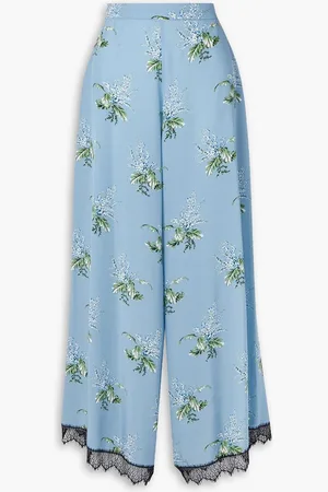 RODARTE Lace-trimmed floral-print silk wide-leg pants - Blue