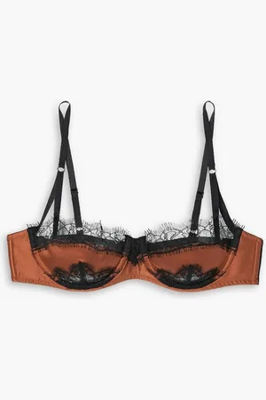 Kiki de Montparnasse Lace-trimmed stretch-silk charmeuse underwired balconette bra - Brown