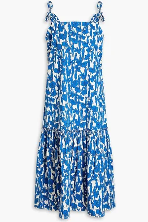 Tory Burch Gathered printed cotton-blend poplin midi dress - Blue
