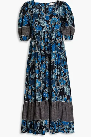 ULLA JOHNSON Nora gathered floral-print cotton-blend midi dress - Blue