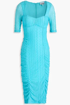 Ganni Ruched jacquard-knit dress - Blue