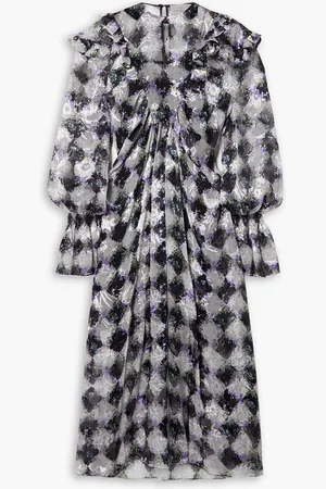 THORNTON BREGAZZI Mystic ruffled printed devoré-satin midi dress - Purple