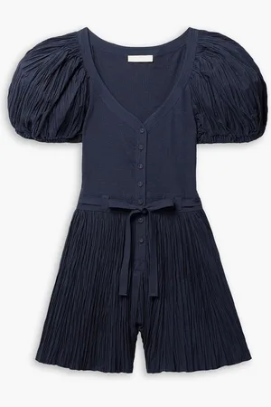 ULLA JOHNSON Vinny belted plissé-poplin and ribbed-knit playsuit - Blue