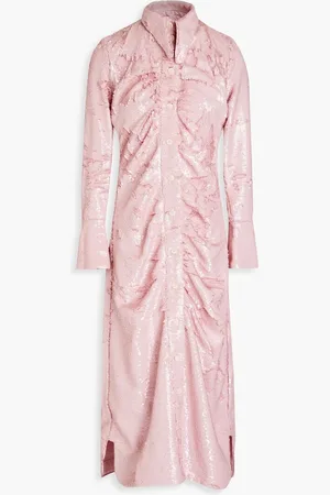 Ganni Ruched sequined georgette midi shirt dress - Pink