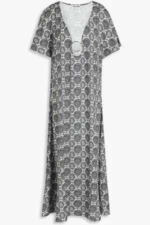 Solid Ring-embellished printed satin kaftan