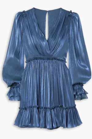 Costarellos Lavina ruffled metallic georgette mini dress - Blue