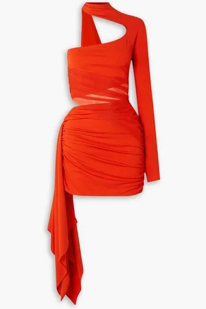 MUGLER Asymmetric stretch-jersey and tulle mini dress - Red
