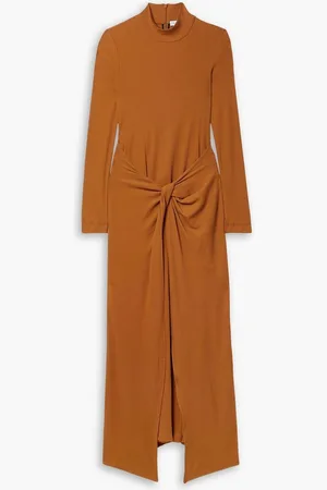 ROSETTA GETTY Twist-front cotton-jersey turtleneck midi dress - Brown