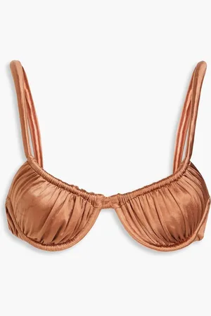 Isa Boulder Twist ruched metallic stretch-satin underwired bikini top - Brown