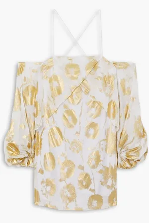 HALPERN Cold-shoulder metallic floral-print cotton-voile mini dress - Metallic