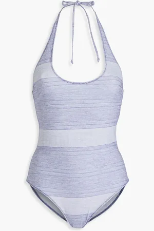 Lisa Marie Fernandez Amber cotton-blend chambray halterneck swimsuit - Blue