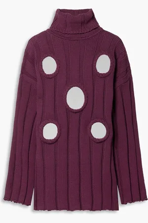 AREA Embellished ribbed cotton-blend turtleneck sweater - Purple