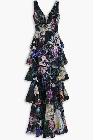 Marchesa Notte Tiered embellished floral-print chiffon gown