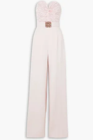 ANDREW GN Strapless embellished plissé silk-blend satin and crepe jumpsuit - Pink