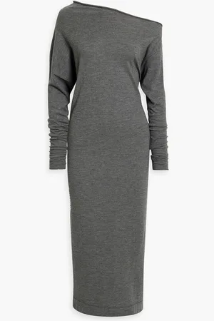 Brunello Cucinelli One-shoulder mélange cashmere-blend midi dress