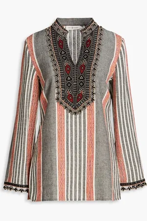 Tory Burch Bead-embellished embroidered cotton-blend tunic - Gray