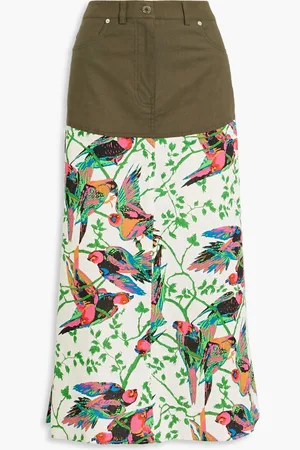Derek Lam Ingrid poplin-paneled printed linen-blend gauze midi skirt - Green