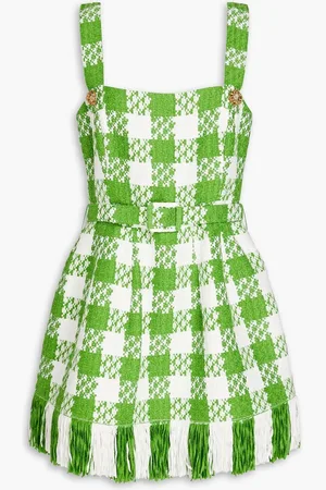Oscar de la Renta Belted gingham cotton-blend tweed mini dress