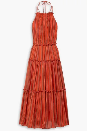 ULLA JOHNSON Giulietta open-back tiered striped cotton midi dress - Orange