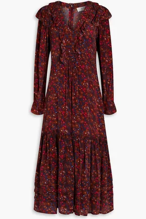 SEA Ilana ruffled printed crepe de chine midi dress - Purple