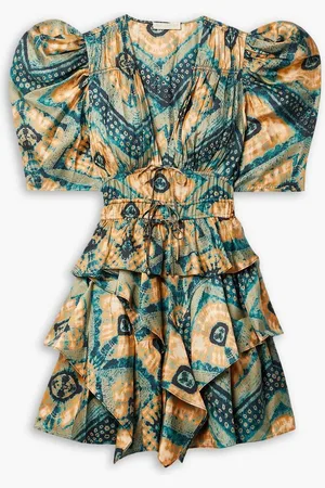 ULLA JOHNSON Zita ruffled printed silk-twill mini dress - Yellow