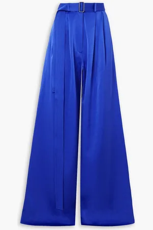 ALEX PERRY Landon belted pleated satin-crepe wide-leg pants - Blue