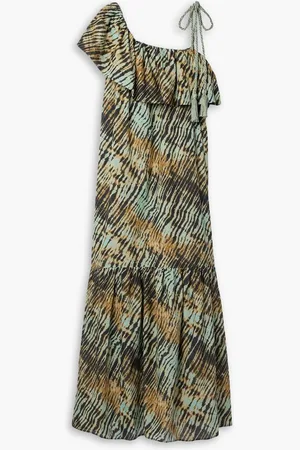 ULLA JOHNSON Daniela asymmetric printed cotton-blend voile midi dress - Green