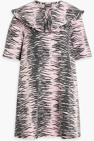 Ganni Ruffle-trimmed tiger-print denim mini dress - Purple