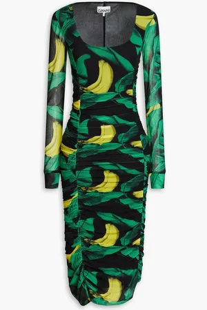 Ganni Ruched printed stretch-mesh midi dress