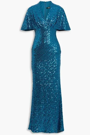 Badgley Mischka Draped sequined mesh gown - Blue