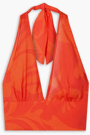 Etro Cropped printed crepe halterneck top - Orange