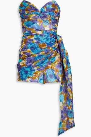 ZIMMERMANN Strapless bow-detailed printed linen and silk-blend playsuit - Blue