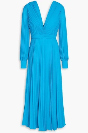 Badgley Mischka Ruched pleated chiffon midi dress - Blue