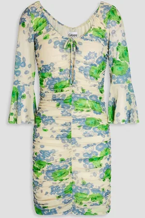 Ganni Ruched floral-print mesh mini dress