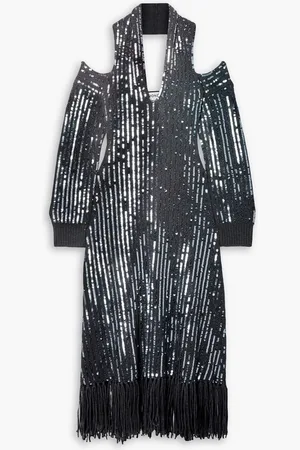 MONSE Fringed sequined merino wool halterneck midi dress - Gray