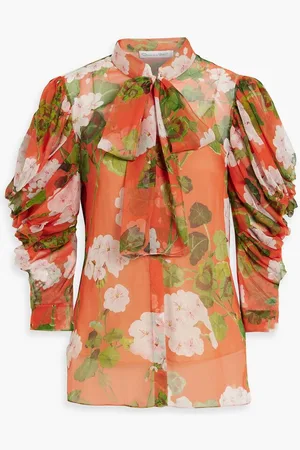 Oscar de la Renta Pussy-bow floral-print silk-chiffon blouse