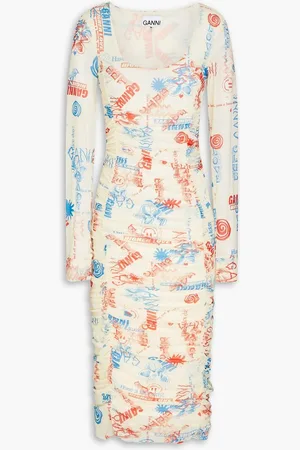 Ganni Ruched printed stretch-mesh midi dress - Neutral