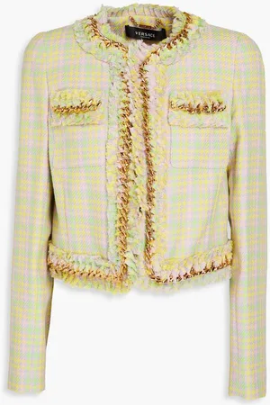 VERSACE Cropped embellished houndstooth cotton-blend tweed jacket - Purple