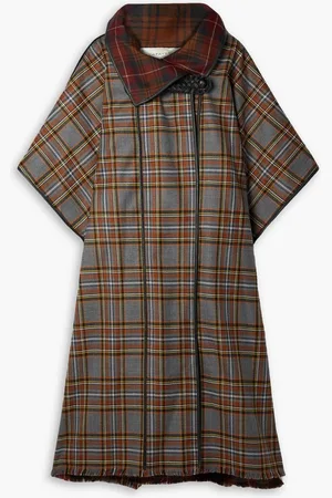 Lafayette 148 Leather-trimmed fringed checked wool cape - Gray