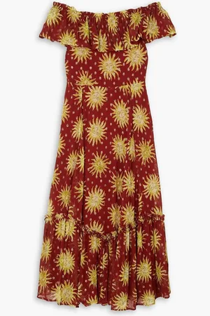 RIXO London Mauve off-the-shoulder printed metallic fil coupé chiffon maxi dress - Red