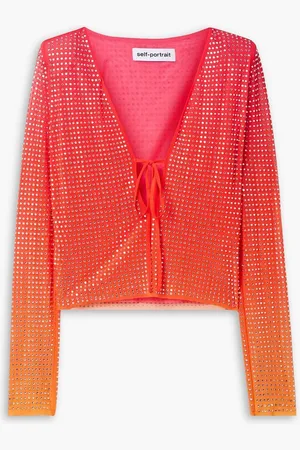 Self-Portrait Cropped crystal-embellished dégradé stretch-mesh top - Orange
