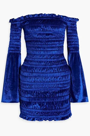 AREA Off-the-shoulder shirred stretch-chenille mini dress - Blue