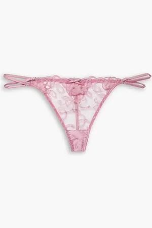 FLEUR DU MAL Bella satin-trimmed embroidered stretch-tulle thong - Pink