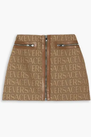 VERSACE Leather-trimmed canvas-jacquard mini skirt - Brown