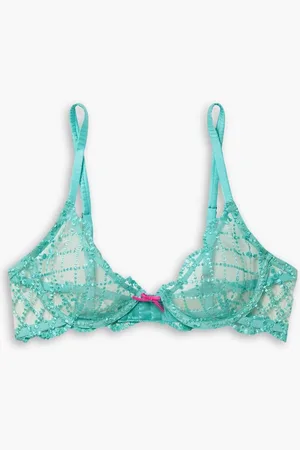 FLEUR DU MAL Dotty satin-trimmed embroidered tulle underwired soft-cup bra - Blue