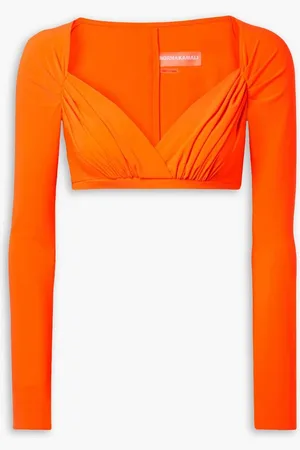 Norma Kamali Cropped ruched neon stretch-jersey top - Orange